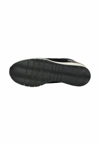 Sola di scarpa da tennis in gomma nera con motivo testurizzato antiscivolo, caratterizzata da linee curve e scanalature di flessibilità. Logo del marchio inciso in modo sottile.