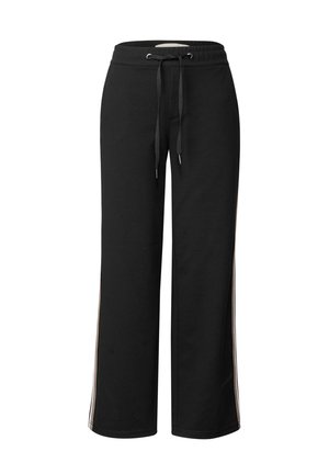 Pantalon de jogging noir avec une coupe décontractée, taille élastique avec cordon de serrage, et rayures latérales dans des couleurs contrastées. Fabriqué en tissu doux et texturé.