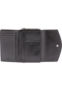 Schwarze Leder-Brieftasche mit glatter Textur, ausgestattet mit mehreren Kartenfächern und einem Reißverschlussfach für Münzen oder kleine Gegenstände.