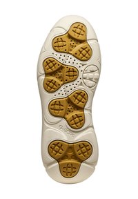 La suola della scarpa presenta una base in gomma bianca e flessibile con ciambelle gialle per la trazione a forma di alveare, sezioni perforate per il ricircolo dell'aria e il logo Geox.