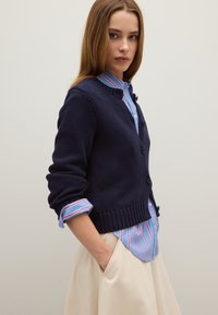 Cardigan lavorato a maglia navy con orlo a coste, abbinato a una camicia a righe blu chiaro e rosa. Tessuto morbido, chiusura a bottoni e maniche arrotolate.