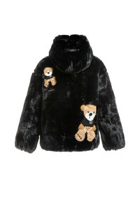 Chaqueta de piel sintética negra con cuello alto. Presenta dos apliques de oso de peluche marrón en el frontal. Textura suave, corte oversize.