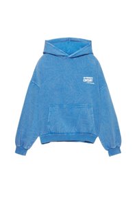 Hoodie blu con finitura testurizzata, tasca anteriore e polsini a coste. Presenta un logo bianco sul petto. Design classico a pullover con cappuccio.