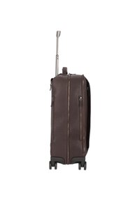 Valigia in pelle marrone con manico retrattile, due tasche con zip, superficie liscia e quattro ruote per la mobilità.