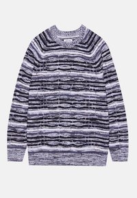 Strickpullover mit einem gestreiften Muster in Navy- und Hellgrautönen, mit Rundhalsausschnitt und langen Ärmeln, aus strukturiertem Garn gefertigt.