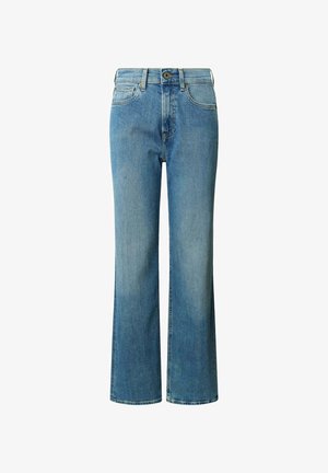 Gai zilu džinsu bikses ar platu griezumu, ar klasisku piecu kabatu dizainu, pogu aizdari un vieglu izbalējuši audumu.