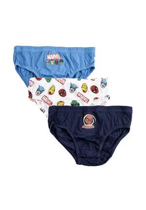 Drei Paare Jungsunterhosen: blau mit "Marvel"-Logo, weiß mit bunten Superhelden-Mustern und marineblau mit "Spider-Man"-Grafik.