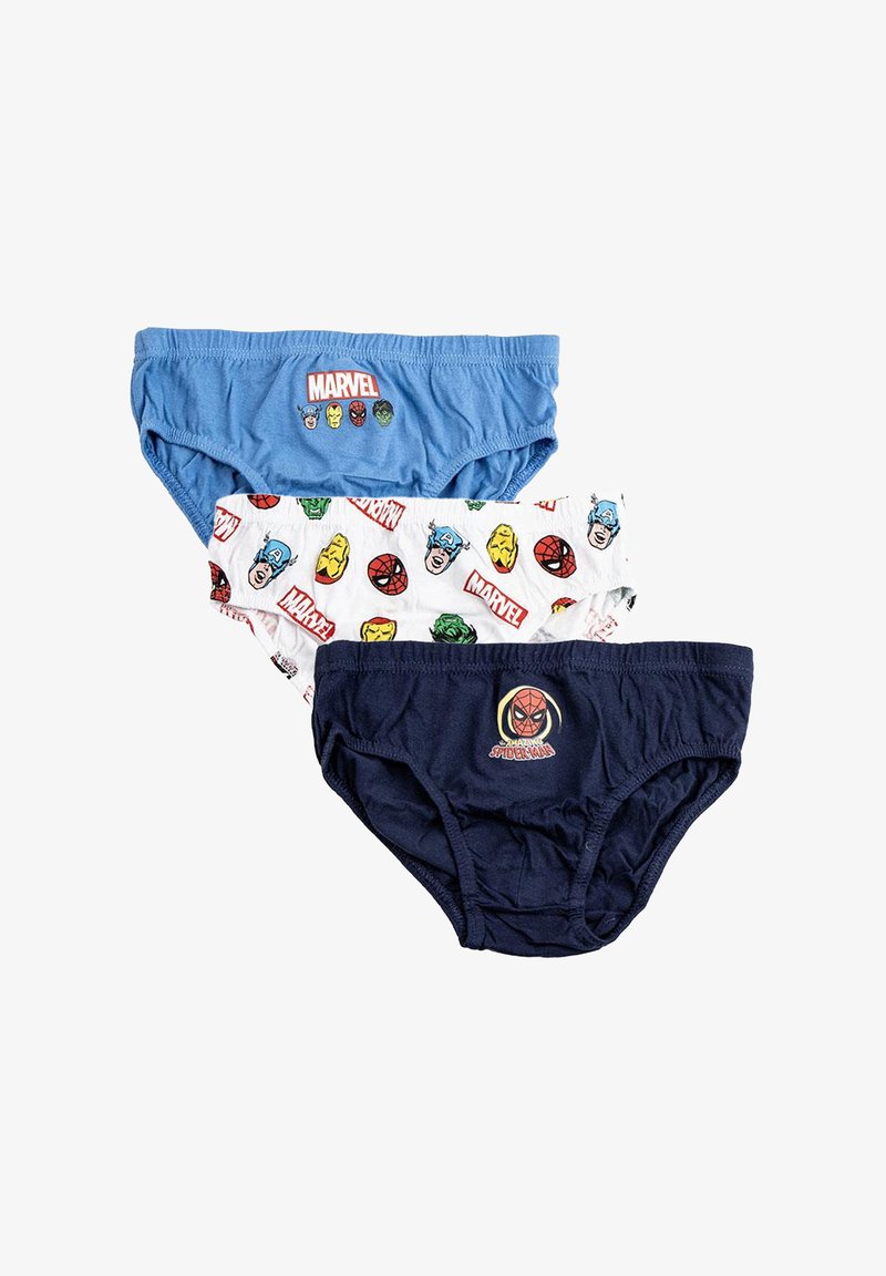 Tre paia di mutande da ragazzo: blu con il logo "Marvel", bianche con pattern di supereroi colorati e blu scuro con grafica di "Spider-Man".