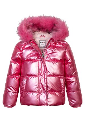 Chaqueta acolchada rosa brillante con capucha de piel sintética desmontable, cremallera frontal, botones a presión y dos bolsillos delanteros, diseñada para niños.