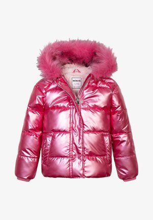 Doudoune rose brillante avec capuche en fausse fourrure amovible, fermeture éclair à l'avant, boutons-pression et deux poches avant, conçue pour les enfants.