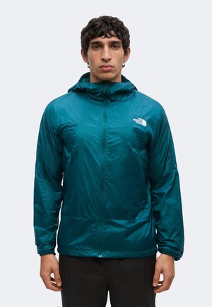 Mees kannab helesinist kerget kapuutsiga jope, ees tõmblukk ja The North Face'i logo rinnal, seisab ühevärvilise tausta ees.