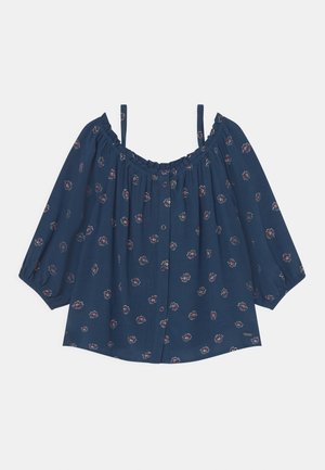 Navy blue off-shoulder blouse with thin straps, button front, three-quarter puff sleeves, and small pink floral pattern.