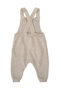 Mono de punto beige con tirantes cruzados, cintura acanalada y piernas ajustadas. Textura suave con un patrón texturizado simple en los tirantes.