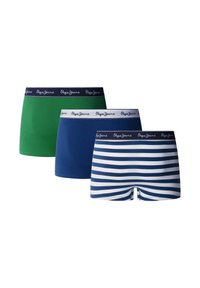 Tři páry trenýrek: jednobarevné zelené, jednobarevné tmavě modré a modro-bíle pruhované. Každé mají kontrastní pas s logem.