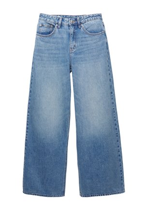 Ljusblå, vida jeans i denim. Har en knapp- och dragkedjestängning, bälteshällor samt fram- och bakfickor.