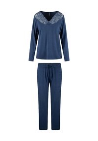 Dunkelblaues zweiteiliges Schlafanzug-Set mit einem Langarm-Oberteil mit Spitzen-V-Ausschnitt und passenden Jogginghosen mit elastischem Bund und Kordelzug.