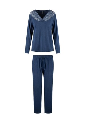 Navy blauw twee-delig pyjama-set met een langemouwen top met kant V-halsdetail en bijpassende broek met trekkoord en elastische tailleband.