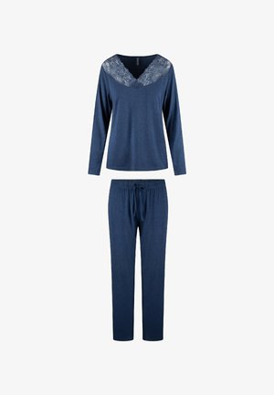 Navy blauw twee-delig pyjama-set met een langemouwen top met kant V-halsdetail en bijpassende broek met trekkoord en elastische tailleband.