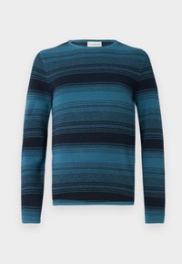 Blå og marineblå stripete genser med lange ermer, rund hals, teksturert stoff og detaljerte strikkemønstre gjennom hele.