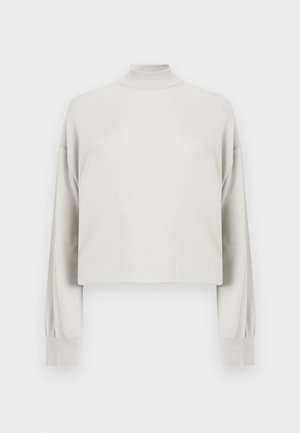 Cropped light gray sweater with a high neckline and long, slightly puffed sleeves, made from a smooth, soft fabric.