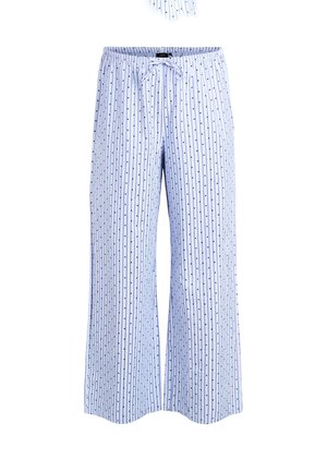 Lyseblå pyjamasbukser med lodrette sorte striber og små hjerte mønstre, med elastisk taljebånd og justerbar snøre.