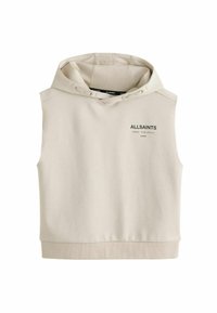 Felpa beige senza maniche in tessuto morbido. Presenta una tasca frontale e un cappuccio regolabile con coulisse. Logo "ALLSAINTS" sul petto in verde.