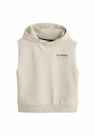 Felpa beige senza maniche in tessuto morbido. Presenta una tasca frontale e un cappuccio regolabile con coulisse. Logo "ALLSAINTS" sul petto in verde.