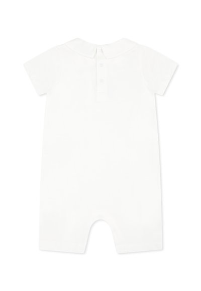 Witte romper met korte mouwen en een kraag, voorzien van een knopenlijst op de achterkant en zonder zichtbare patronen of accenten.