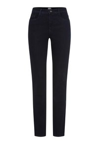 Slim-fit donkerblauwe denim jeans met voor- en achterzakken, knoopsluiting en ceintuurlussen.
