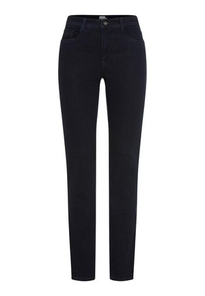 Schmale, dunkelblaue Jeans aus Denim mit Vorder- und Gesäßtaschen, Knopfverschluss und Gürtelschlaufen.