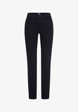 Schmale, dunkelblaue Jeans aus Denim mit Vorder- und Gesäßtaschen, Knopfverschluss und Gürtelschlaufen.