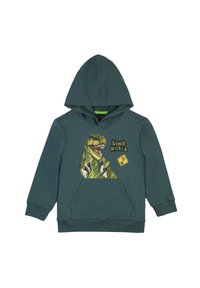 Felpa verde in cotone con tasca frontale, caratterizzata da una grafica di un dinosauro e il testo "DINO WORLD". Ha un cappuccio con cordoncino e polsini a coste.