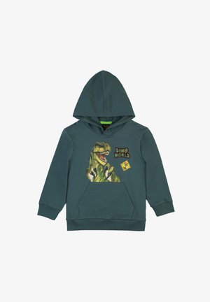 Grüne Baumwollkapuzenjacke mit einer Fronttasche, die ein Dinosaurier-Graphic und den Text "DINO WELT" zeigt. Sie hat eine Kapuze mit Kordelzug und gerippte Bündchen.