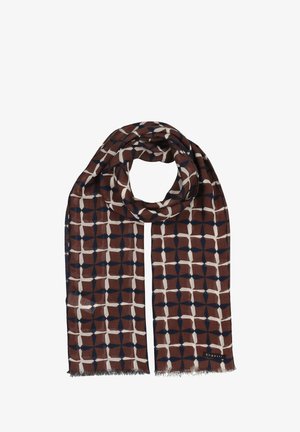 Brun mønstret tørklæde med geometrisk design og marineblå samt cremede accenter, lavet af blødt stof, med frynser på kanterne og et logo mærke.