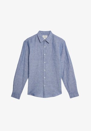 Blue and white striped long-sleeve shirt with a button-down collar, featuring a textured fabric and a straight hem.