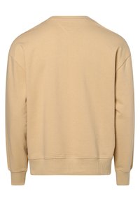 Beżowa bluza z luźnym krojem, ściągaczami przy mankietach i dolnym brzegu. Gładka tekstura i prosty design z okrągłym dekoltem.