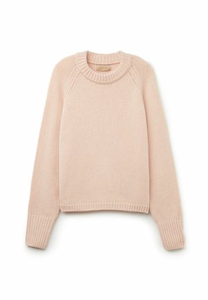 Lys pink strikket sweater med rund halsudskæring, ribbede manchetter og kant. Har et tekstureret mønster og raglanærmer.
