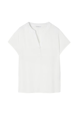 Chemise blanche à manches courtes avec patte de boutonnage et col rond. Fabriquée en tissu doux, avec une coupe décontractée et un design minimaliste.