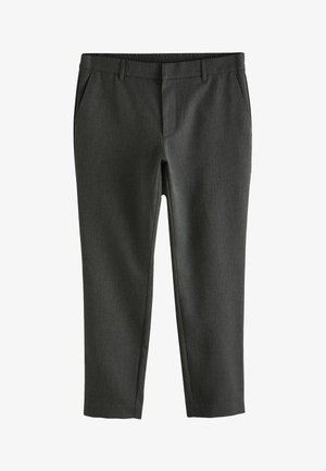 Pantalons gris ajustés avec une texture lisse, une taille élastique, des poches latérales et une coupe cropped, offrant un design moderne et fonctionnel.