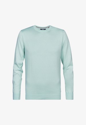 Miętowo-zielony długi sweter z miękkiego materiału. Posiada okrągły dekolt oraz ściągacze na mankietach i u dołu. Minimalistyczny design.