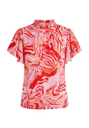 Damesblouse met korte mouwen, gerimpelde kraag, sleutelgatdetail aan de achterkant en rood, roze en koraal gekleurd abstract wervelend patroon.