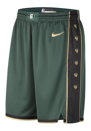 Grüne Basketball-Shorts mit goldenem Nike-Swoosh, schwarzem Seitenstreifen mit goldenen Diamant-Symbolen und einem Bund mit NBA-Logo und der Nummer 6.