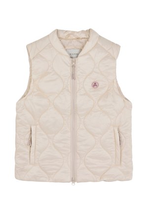Chaleco acolchado sin mangas en beige claro, con un cuello alto, cierre frontal con cremallera y un sutil patrón de olas que cuenta con dos bolsillos laterales. Detalle del logo en rosa.