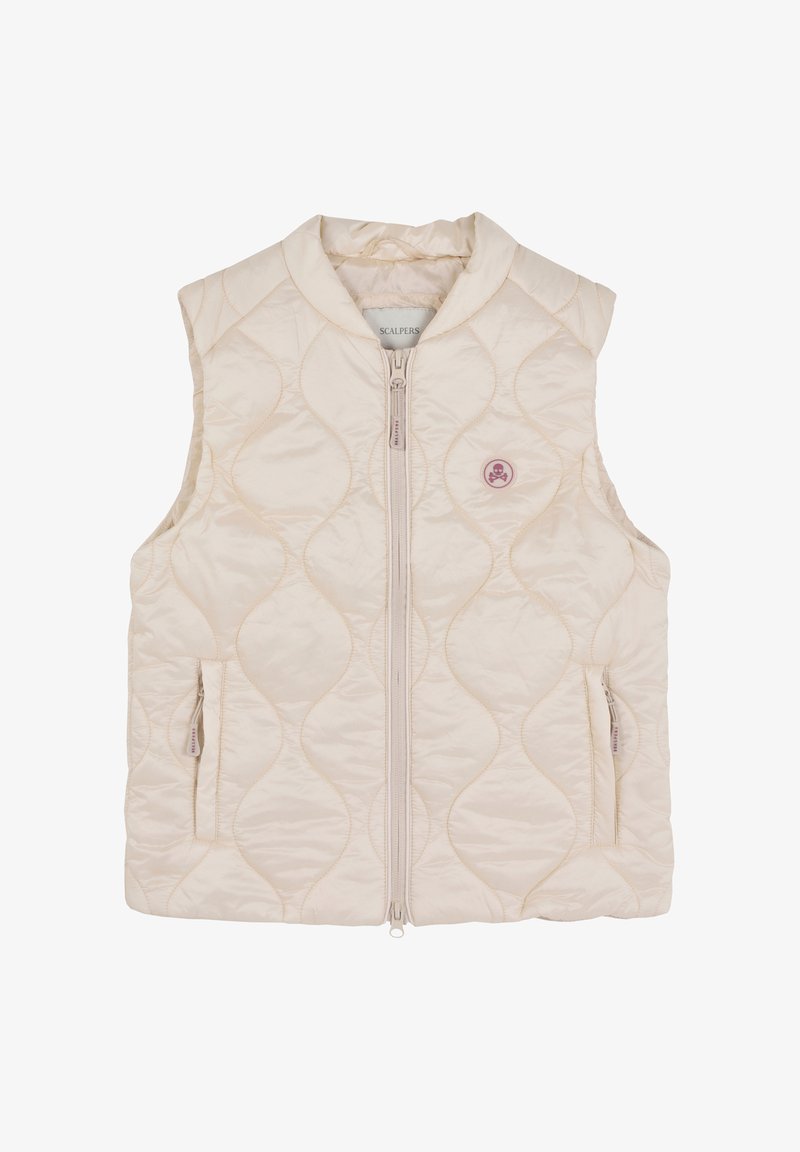 Mouwloze gewatteerde vest in lichtbeige, met een hoge kraag, een rits aan de voorkant en een subtiel golfpatroon met twee zijzakken. Roze logo-detail.