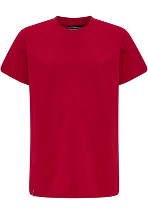 Red cotton T-shirt with a crew neckline, short sleeves, straight cut, and a small logo tag at the bottom left seam. Smooth texture.