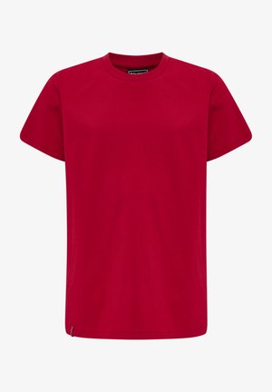 T-shirt in cotone rosso con scollo rotondo, maniche corte, taglio dritto e un piccolo tag con logo sul lato sinistro della cucitura in basso. Tessuto liscio.
