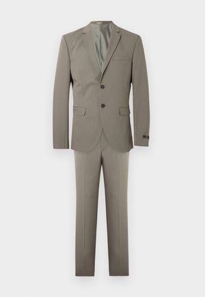 Two-piece men's suit in light brown with a two-button blazer and matching straight-leg trousers on a neutral background.