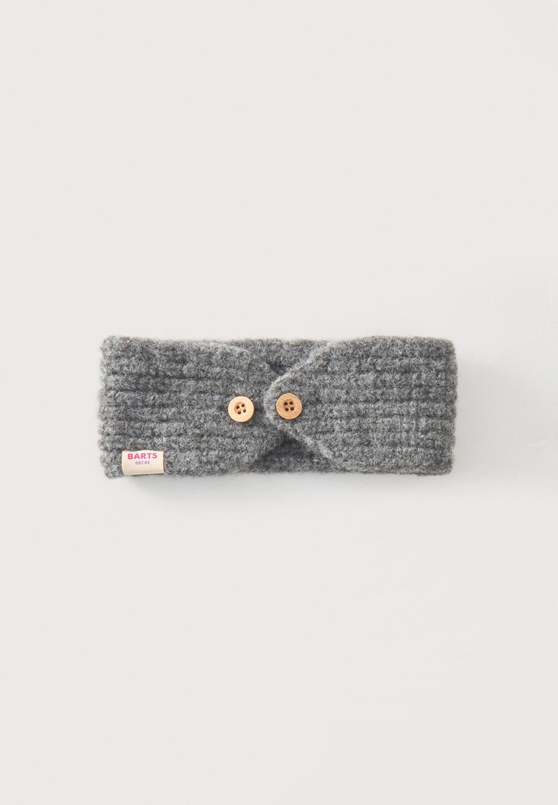 Bandeau gris en tricot avec deux boutons en bois et une petite étiquette en tissu indiquant BARTS EST. 92 sur fond blanc.