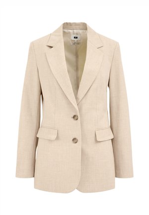 Beige maßgeschneiderter Blazer aus strukturiertem Stoff, mit einem Reverskragen, zwei Knöpfen und vorderen Taschen.