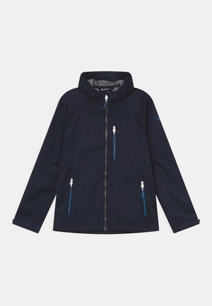 Giacca con cappuccio blu navy con cerniera frontale e tre tasche con zip, caratterizzata da cursori delle zip bianchi e maniche lunghe.